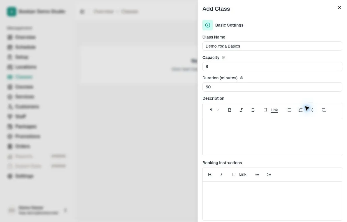 Add Class basic settings with demonstration name, capacity 8, duration 60 minutes, description, and booking instructions