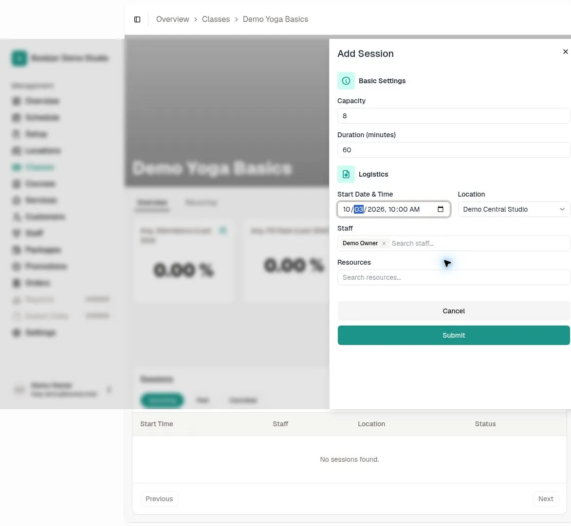 Add Session form with capacity, duration, example start time, selected location and staff, and optional resources