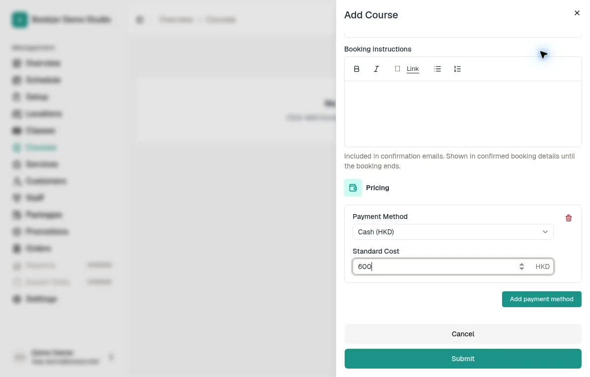 Add Course pricing section with Cash (HKD) selected and Standard Cost set to 600
