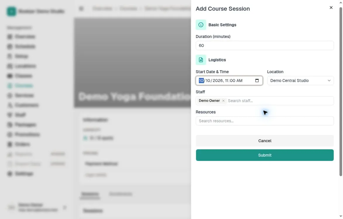 Add Course Session panel with a 60-minute session on October 10, 2026, Demo Central Studio, and Demo Owner selected