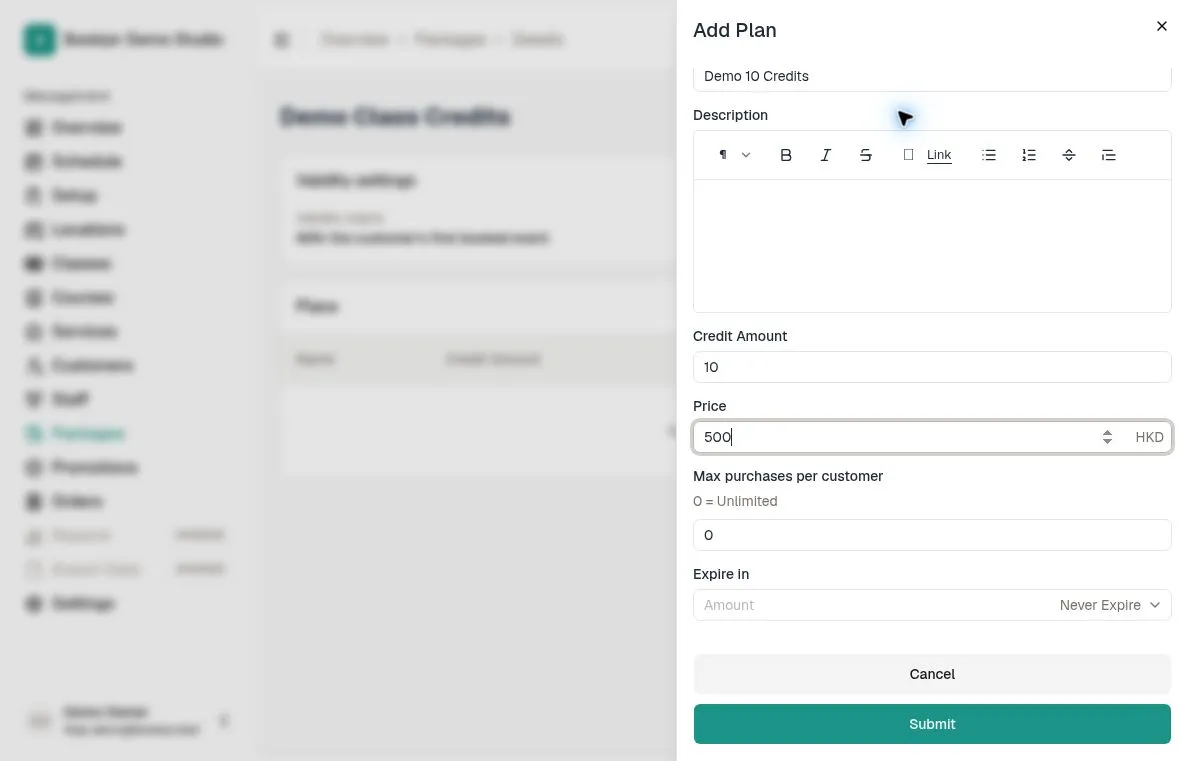 Add Plan form with 10 credits, an HKD 500 price, unlimited purchases, and Never Expire selected
