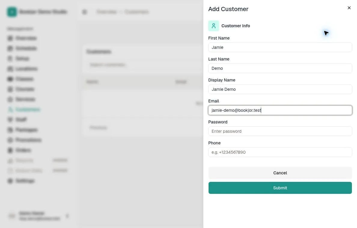 Add Customer form with demonstration names and email, plus empty Password and Phone fields