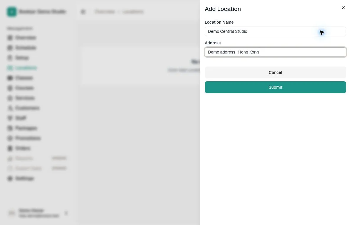 Add Location form with a demonstration studio name and address