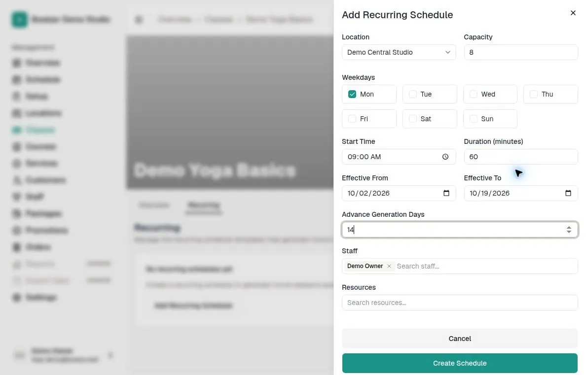 Recurring schedule form showing weekday, start time, duration, effective dates and advance generation days