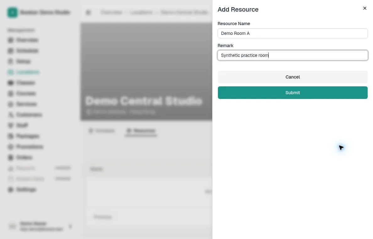 Add Resource form with a demonstration room name and remark