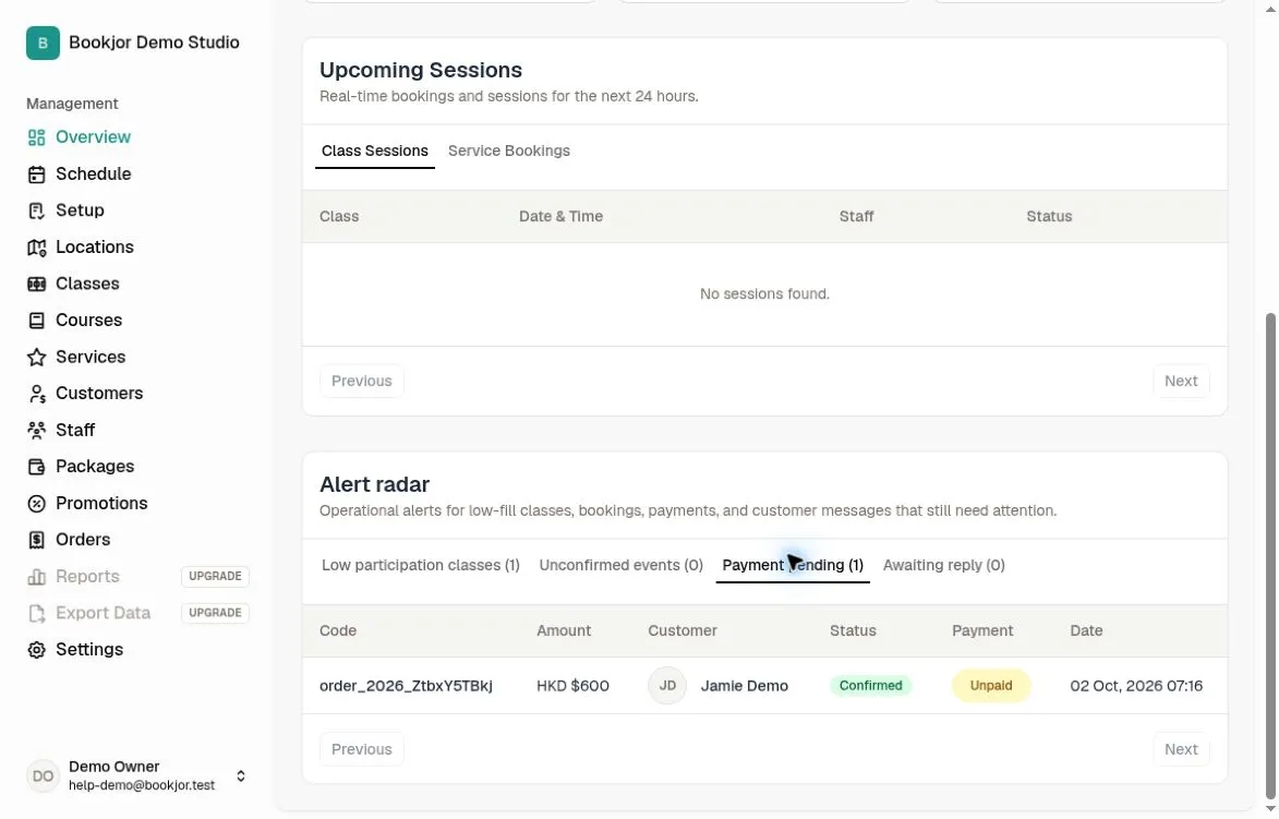 Alert radar Payment pending tab showing Jamie Demo’s HKD 600 order with Confirmed order status and Unpaid payment status