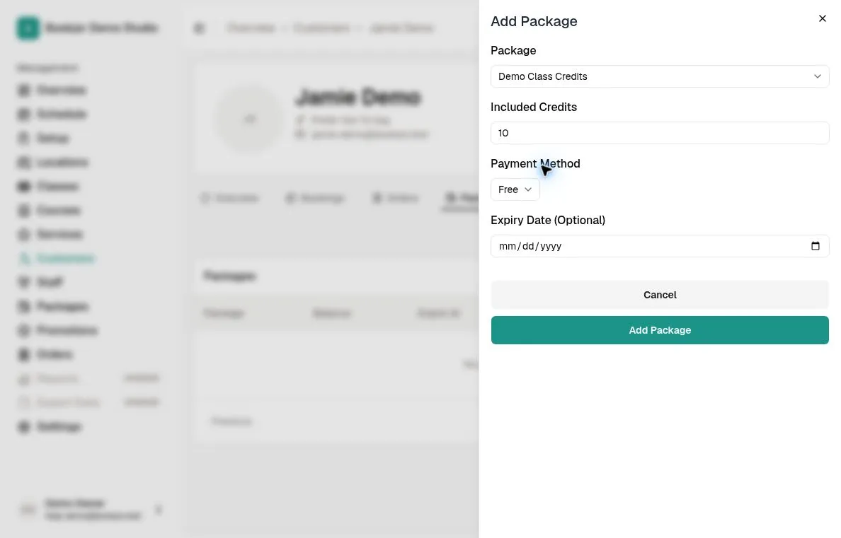 Customer Add Package form with 10 included credits, Free payment, and an empty optional expiry date