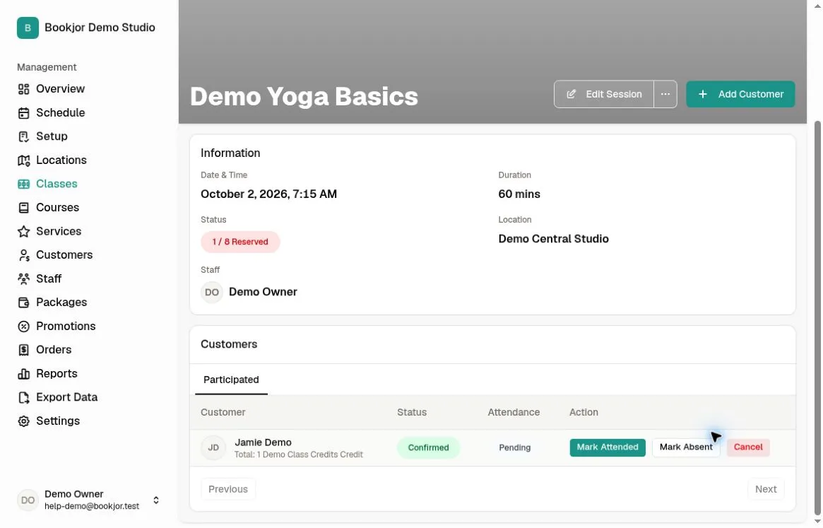 Class session Participated tab showing a confirmed demo booking, Pending attendance, and Mark Attended and Mark Absent actions