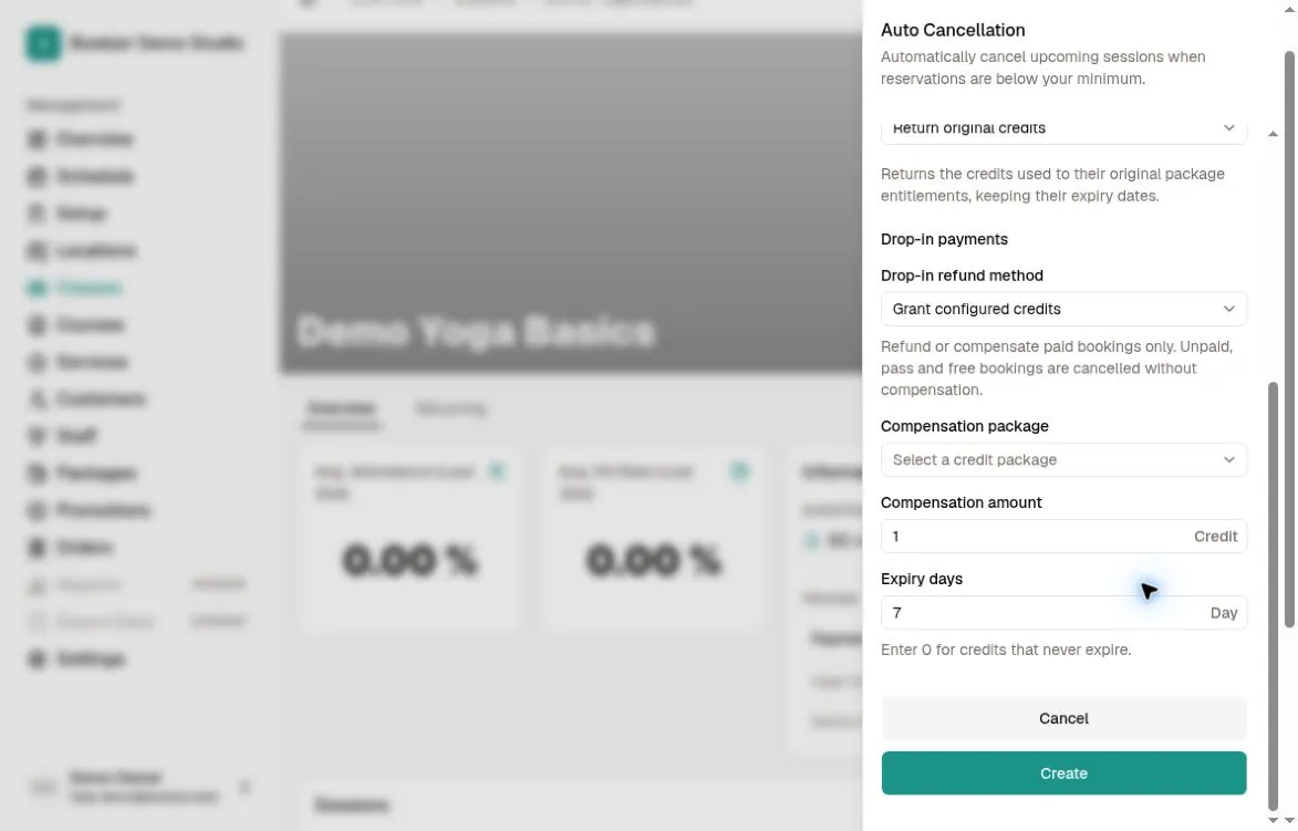 Unsaved drop-in compensation settings with Grant configured credits selected, no package chosen, amount 1, and expiry 7 days