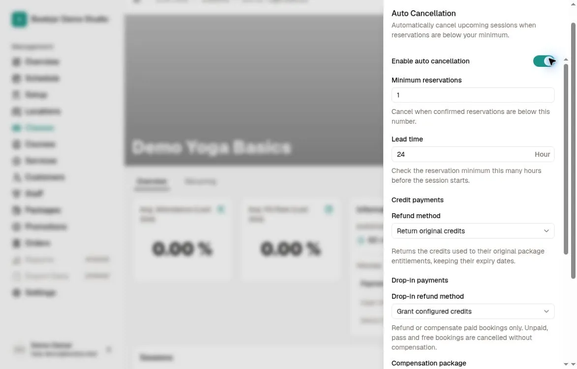 Auto Cancellation form with the enable switch on, minimum reservations 1, lead time 24 hours, and separate payment policies