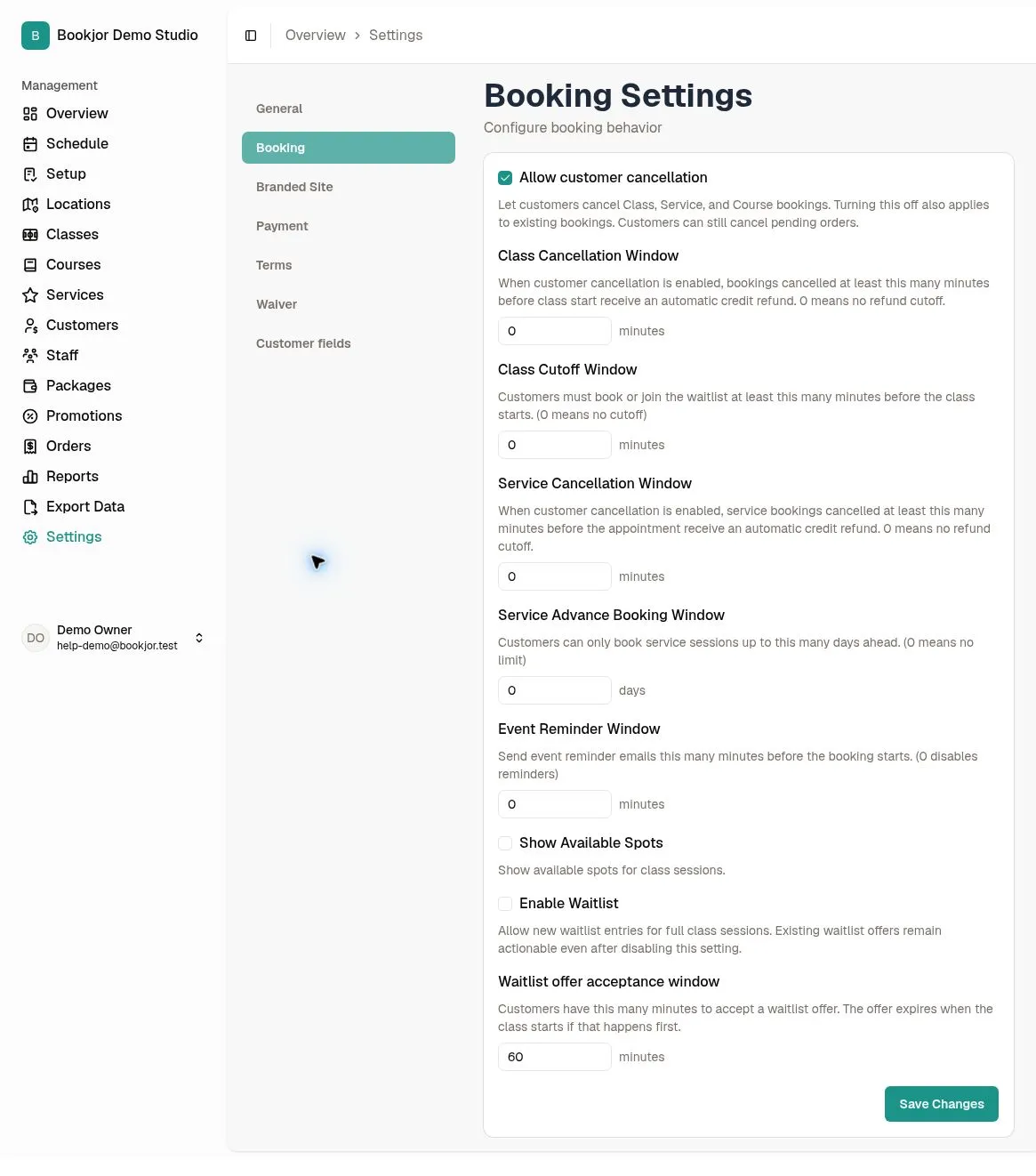 Booking Settings with customer cancellation enabled and all four booking and credit-return windows set to 0