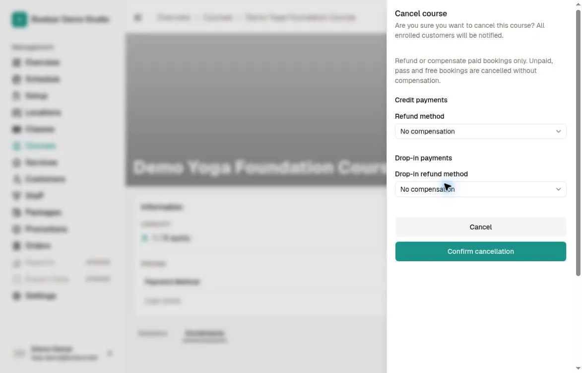 Cancel course dialog with separate Credit payments and Drop-in payments compensation selectors