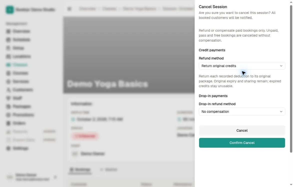 Cancel Session preview with Return original credits for credit payments and No compensation for drop-in payments