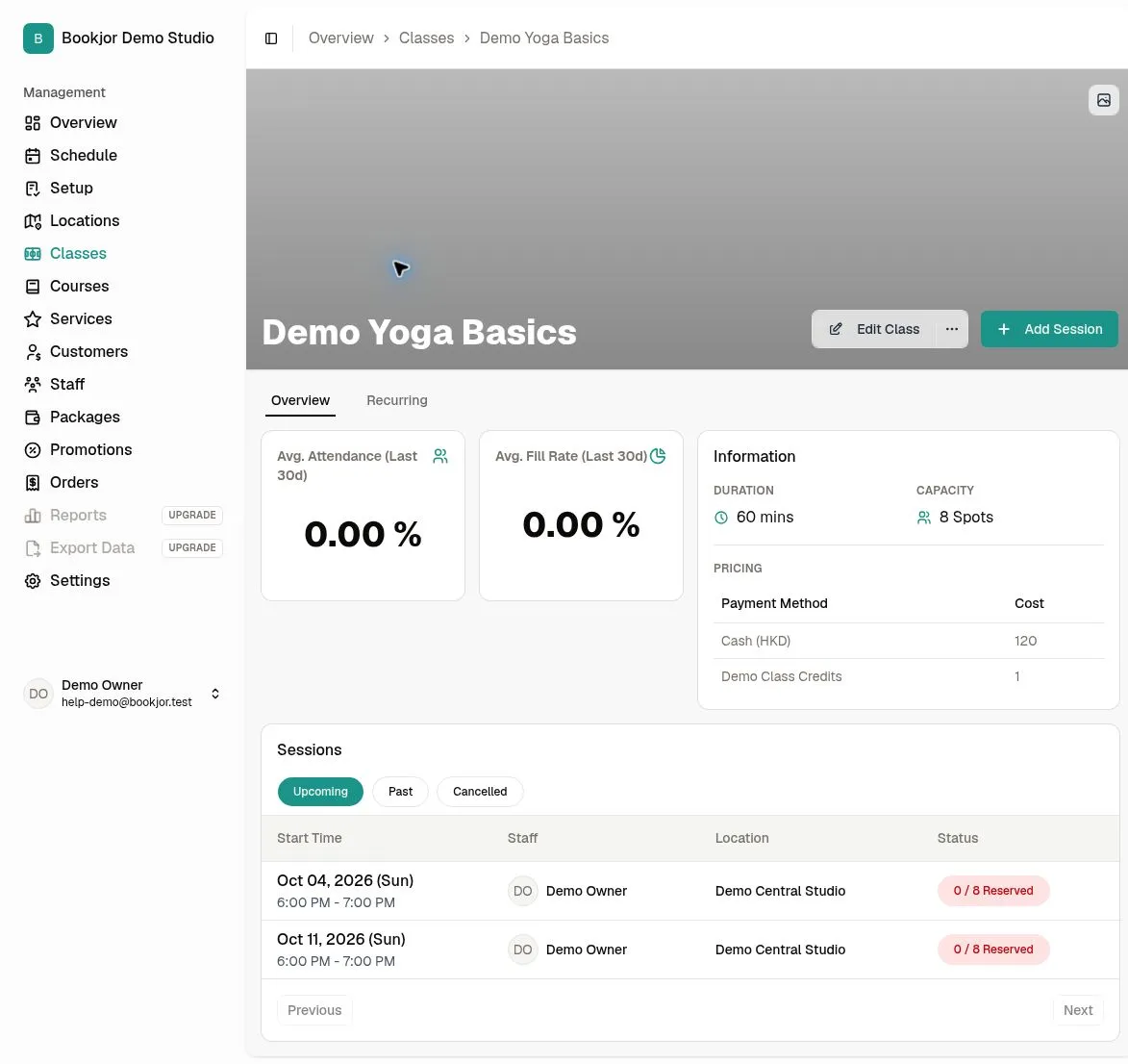 Demo Yoga Basics Overview with last-30-day attendance and fill-rate cards both showing 0.00 percent