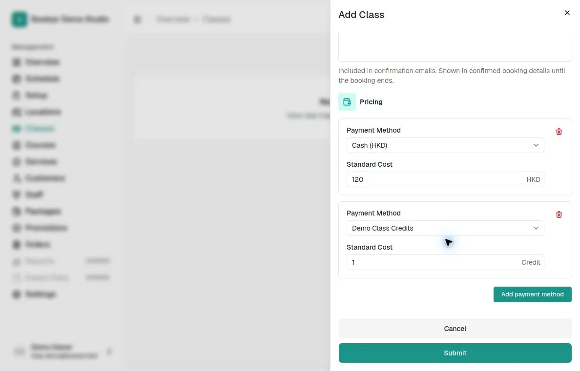 Example class pricing with cash and Demo Class Credits payment methods
