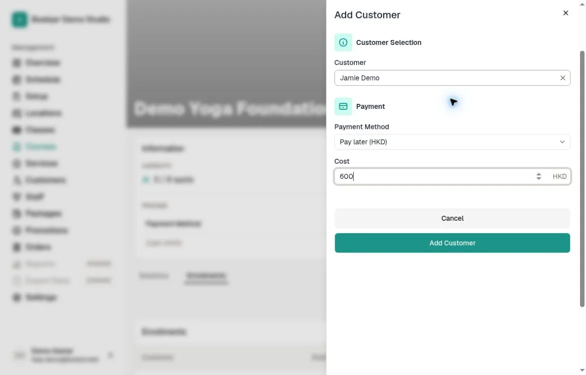 Add Customer panel with Jamie Demo selected, Pay later (HKD), and a cost of 600