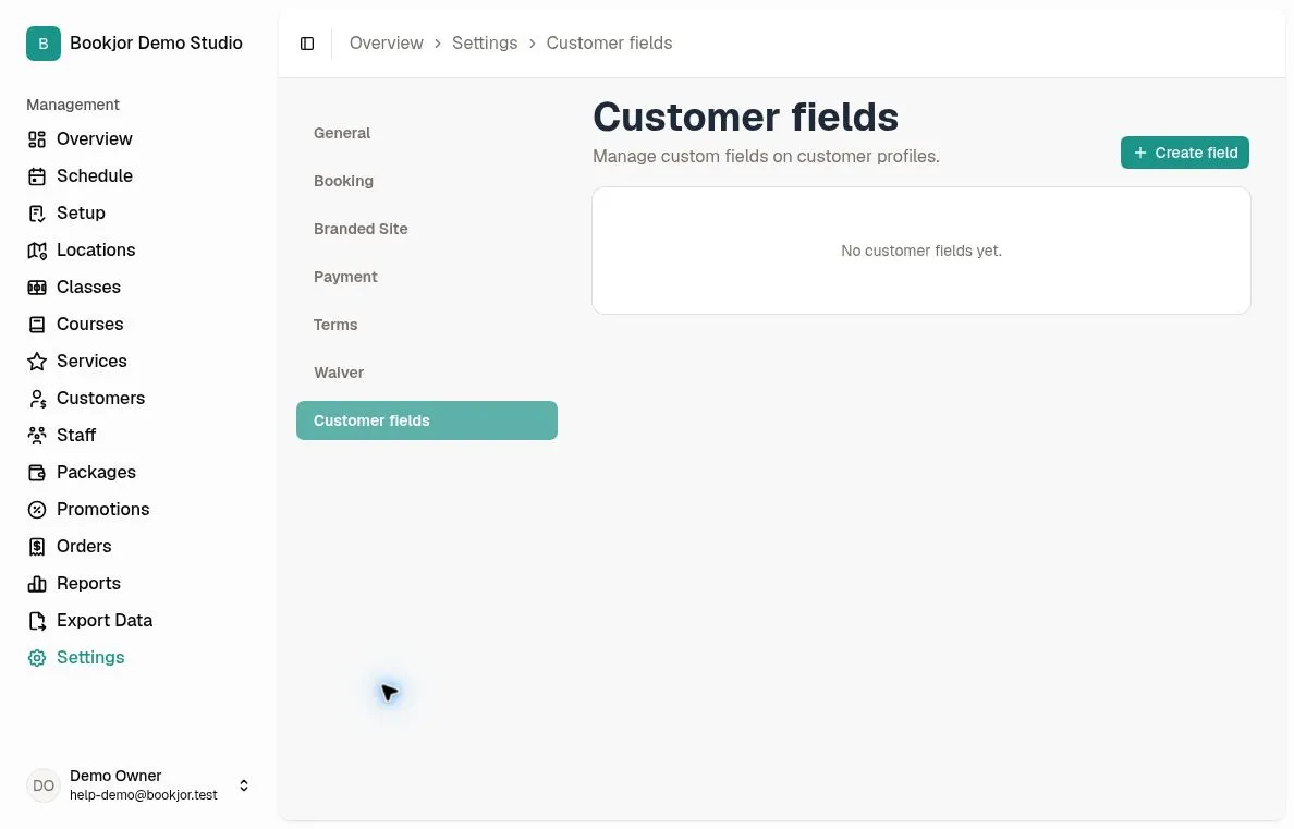 Customer fields settings with Create field and an empty field list