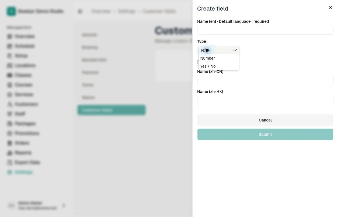 Type menu showing Text, Number, and Yes / No