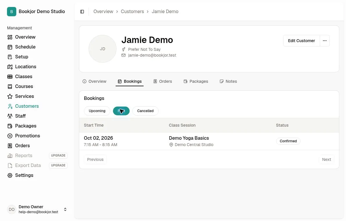 Jamie Demo Past bookings showing a Demo Yoga Basics class session with Confirmed status