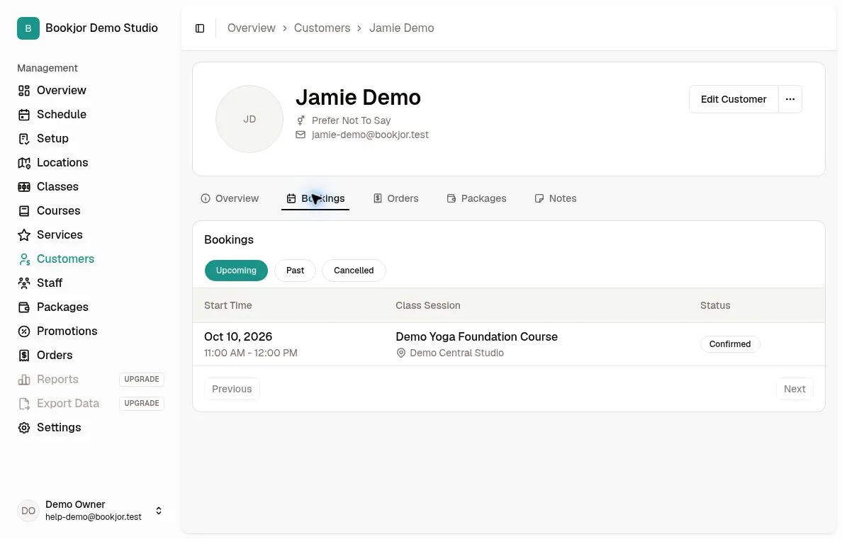 Jamie Demo Bookings tab showing an upcoming confirmed Demo Yoga Foundation Course session