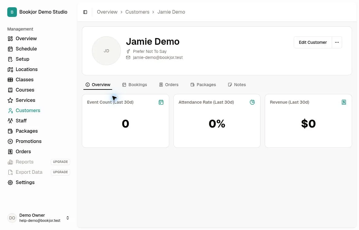 Demonstration customer profile with a circular JD initials avatar