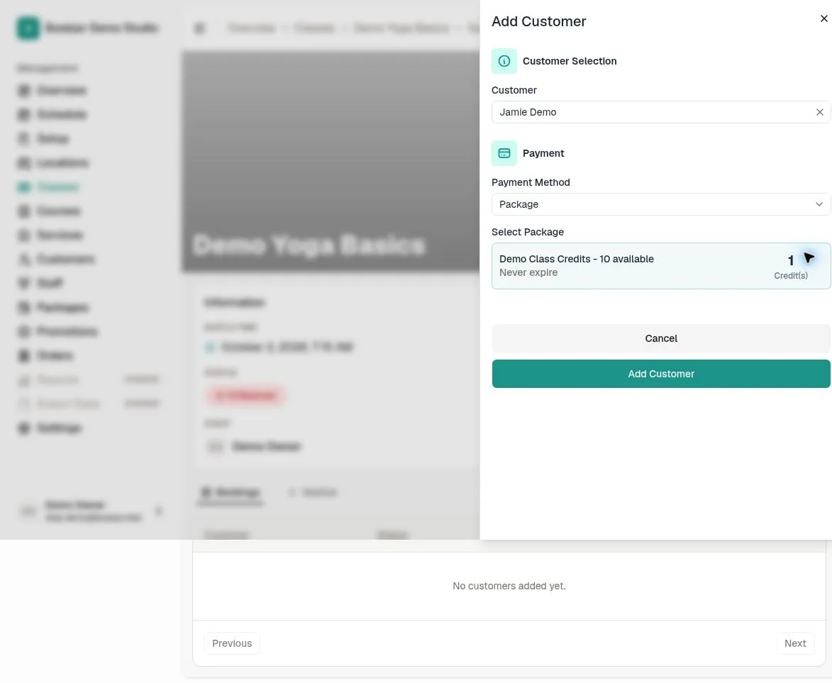 English staff enrollment form for Jamie Demo showing Demo Class Credits with 10 available and a cost of 1 credit