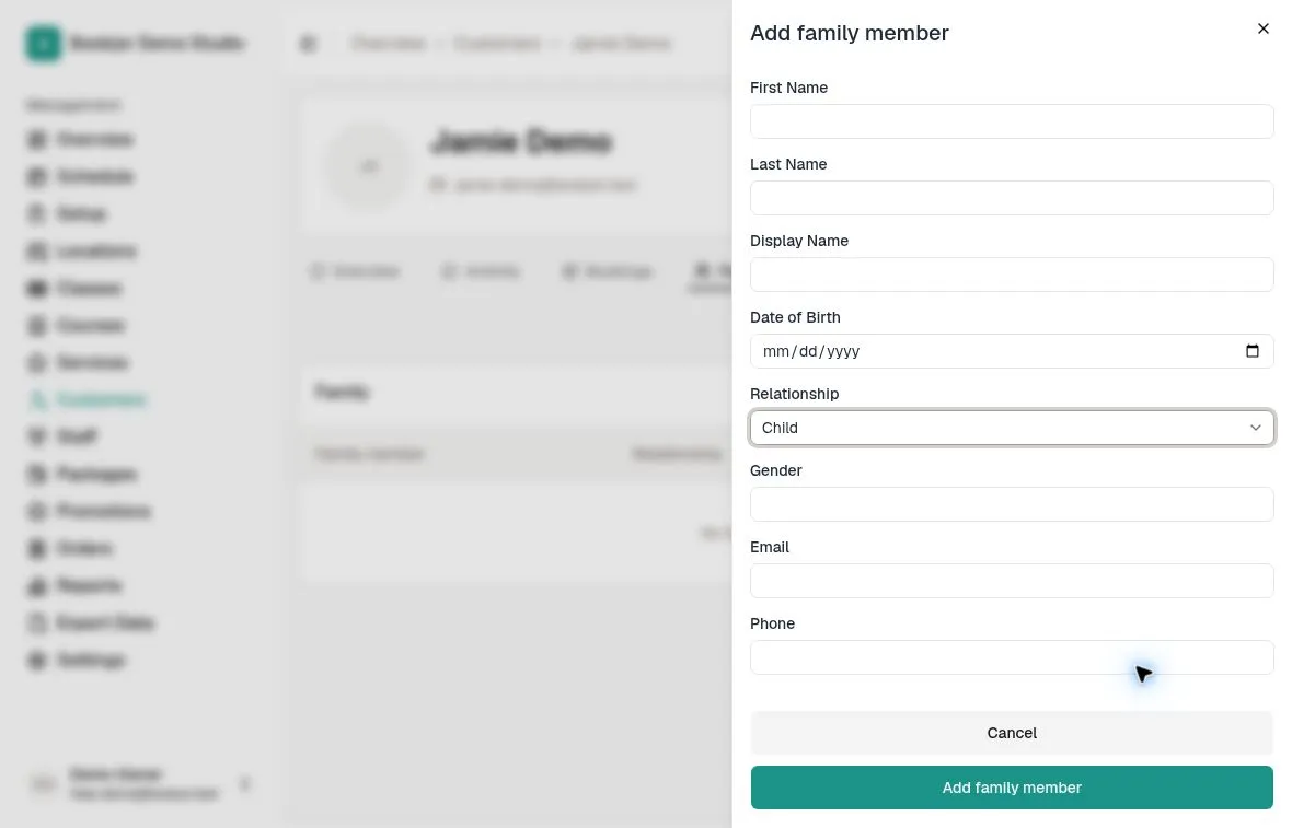 Add family member form with name, relationship, and optional personal and contact fields