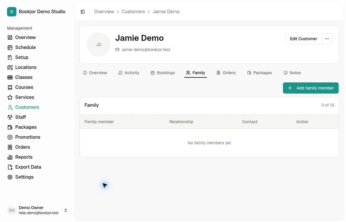Primary customer Family tab with Add family member and a 0 of 10 count