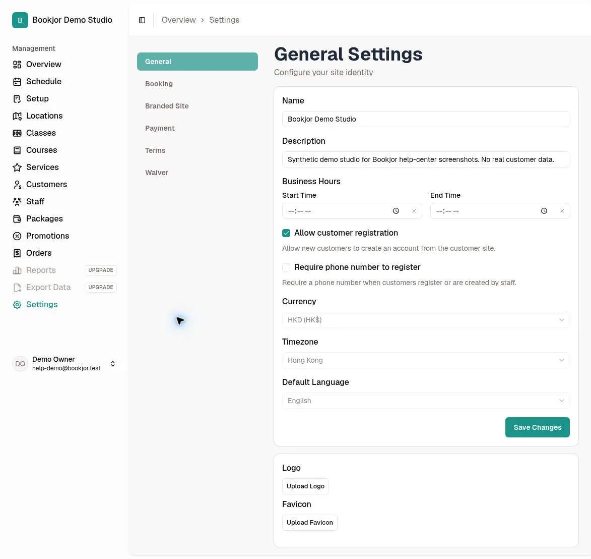 General Settings after registration, with studio details, customer-registration options and branding upload controls