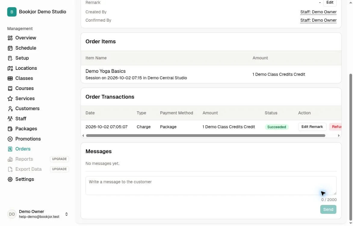 Order Transactions table with a succeeded package-credit charge and Messages area