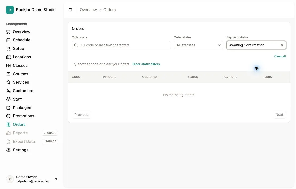 Orders filtered to Awaiting Confirmation with order-code search and Clear all