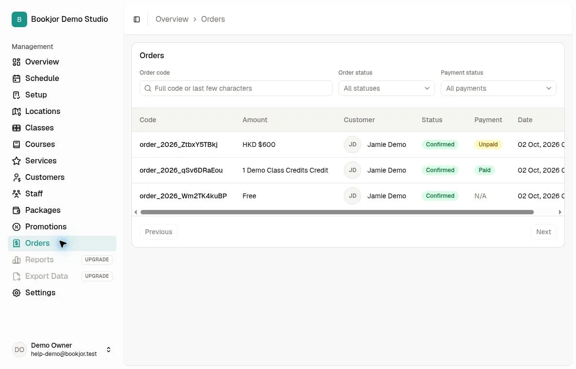 Orders table with Code, Amount, Customer, Status, Payment and Date columns