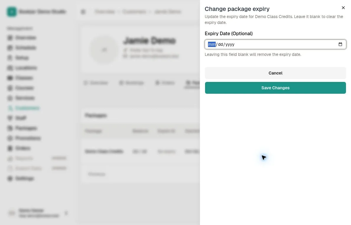 Change package expiry form for an eligible credit package with an optional expiry date
