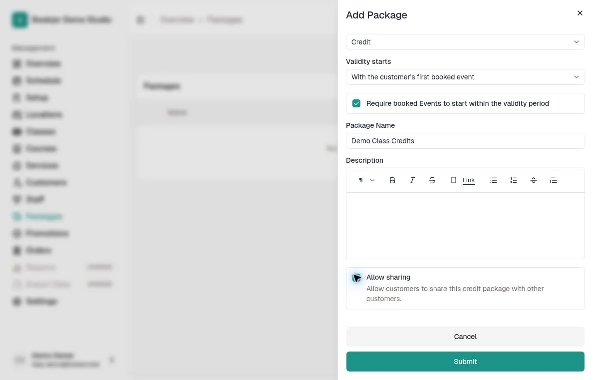 Example Add Package form showing validity start, event-window, and sharing rules