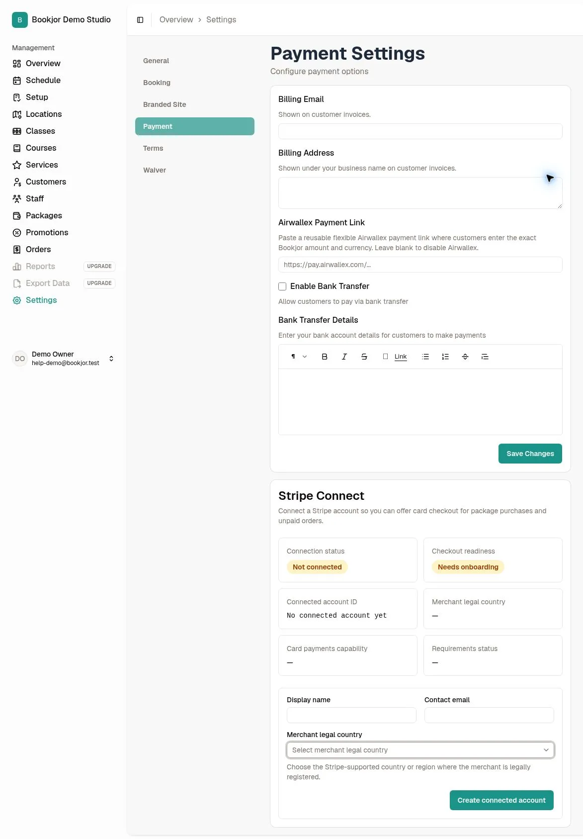 Payment Settings with billing fields, Airwallex link, bank-transfer controls and disconnected Stripe