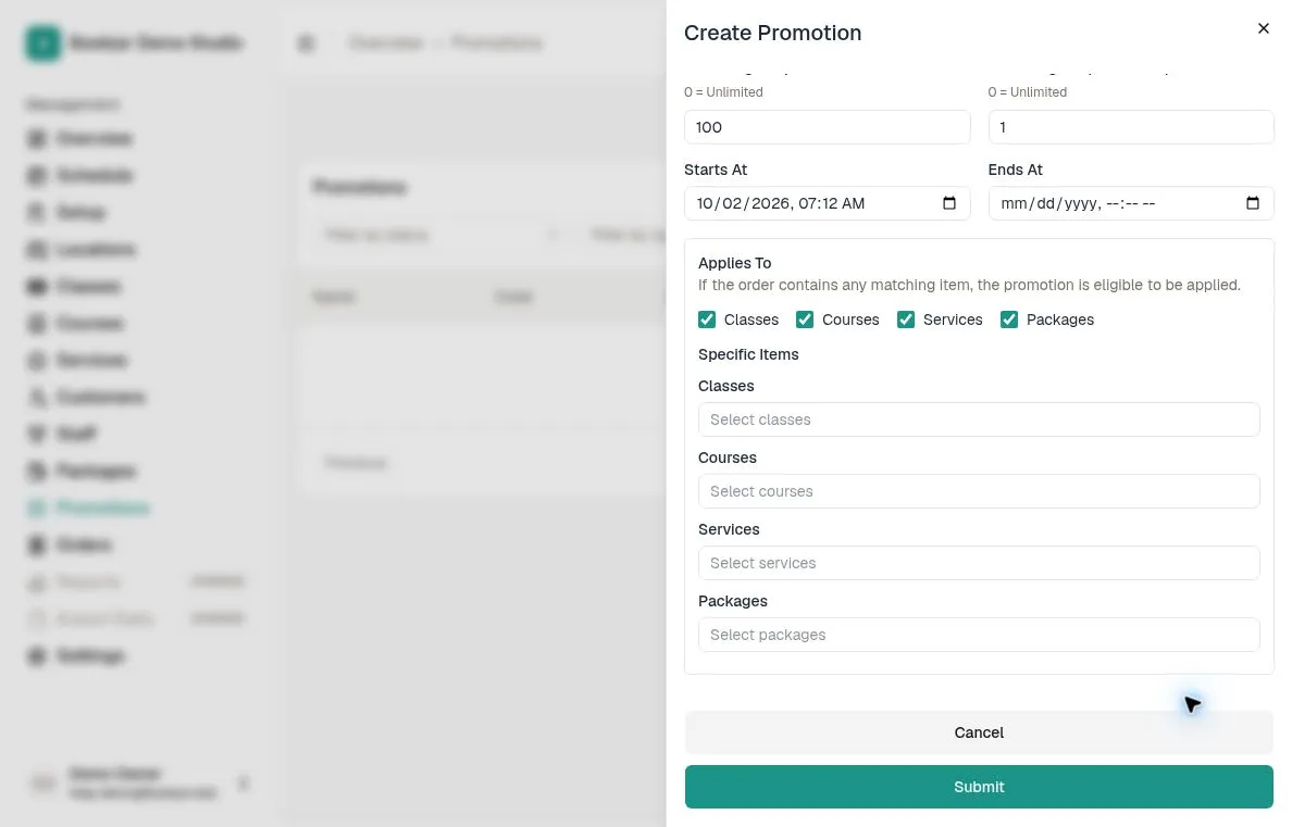 Create Promotion form showing Applies To categories, Specific Items selectors and Submit
