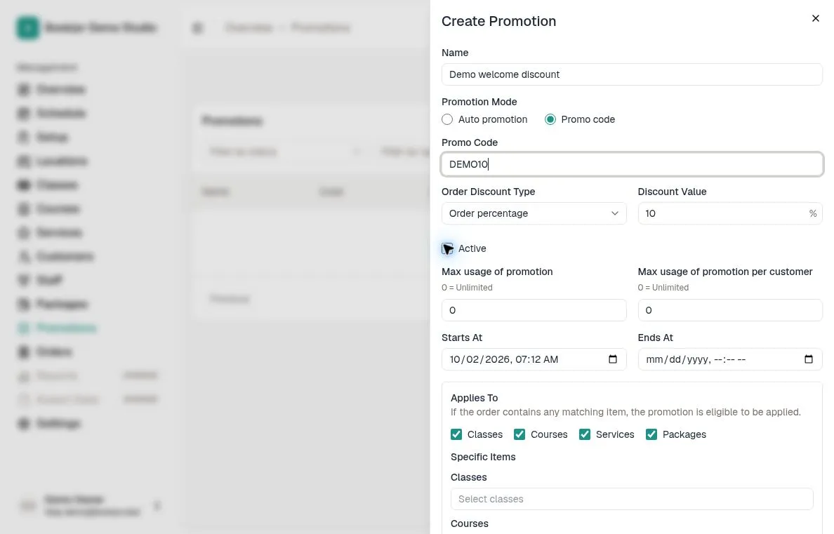 Create Promotion form with Promo code selected, DEMO10 and a percentage discount