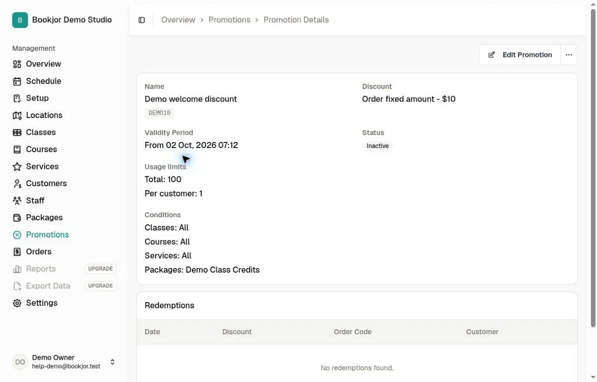 Saved inactive promotion showing code, discount, conditions, usage limits and Redemptions