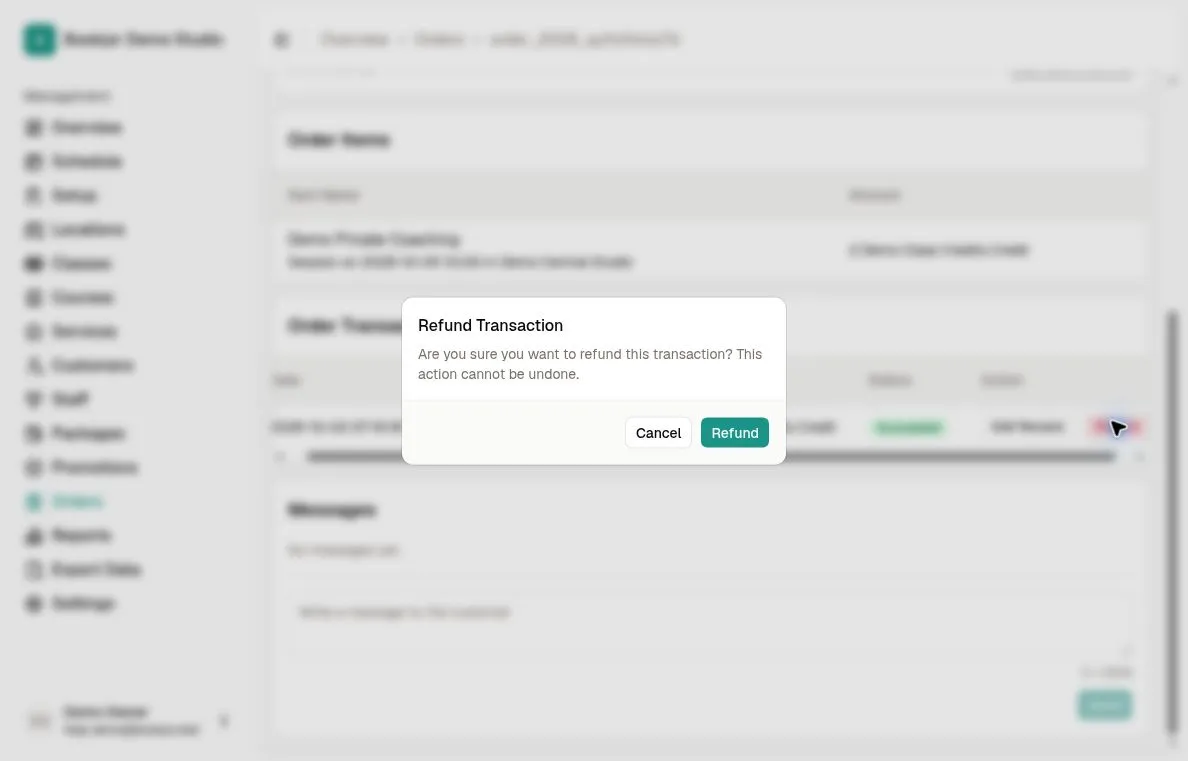 Refund Transaction confirmation with the irreversible-action warning, Cancel, and Refund buttons