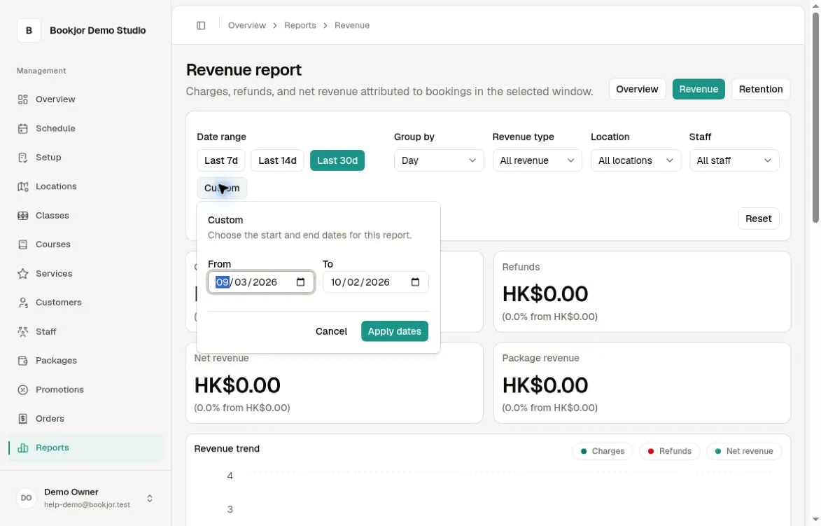 Custom reporting period popover with From and To date fields and the Apply dates button