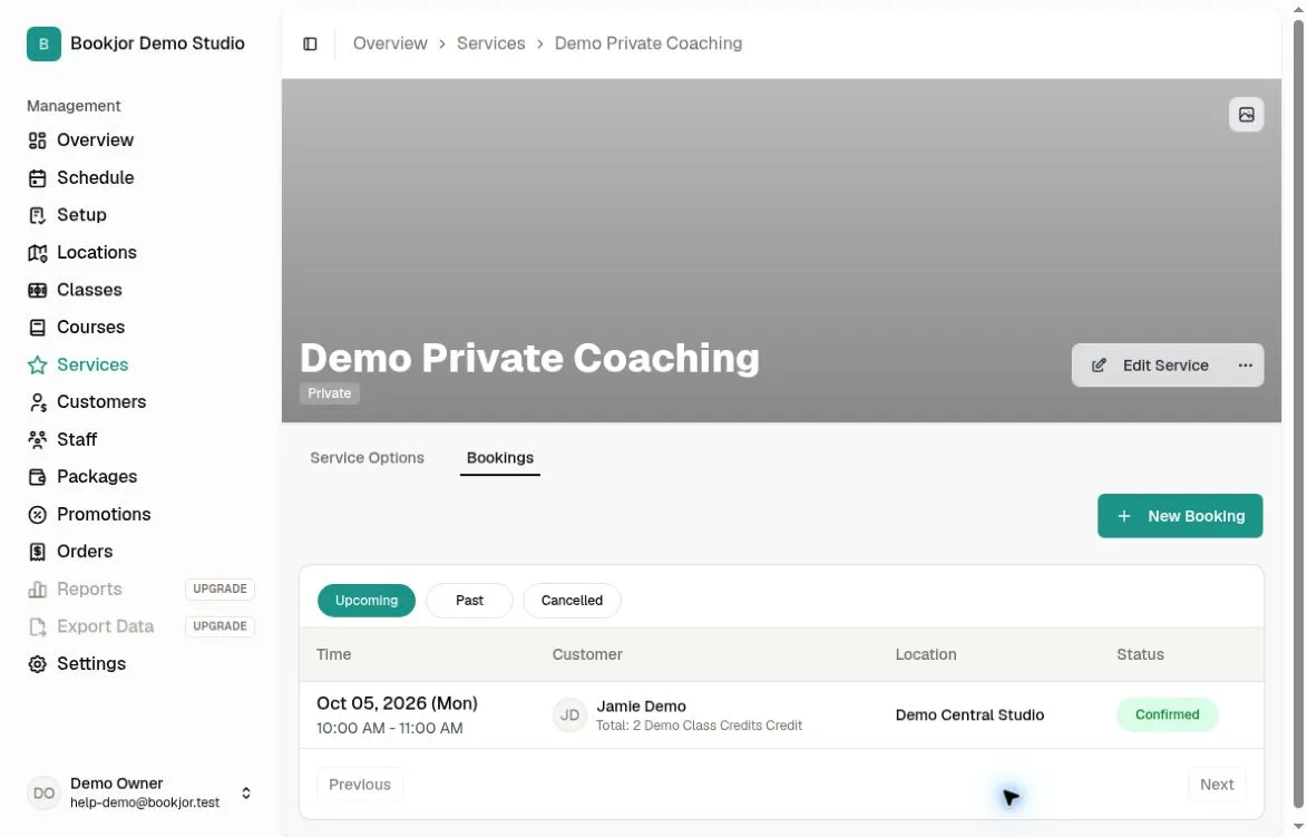 Upcoming bookings with confirmed status and associated order