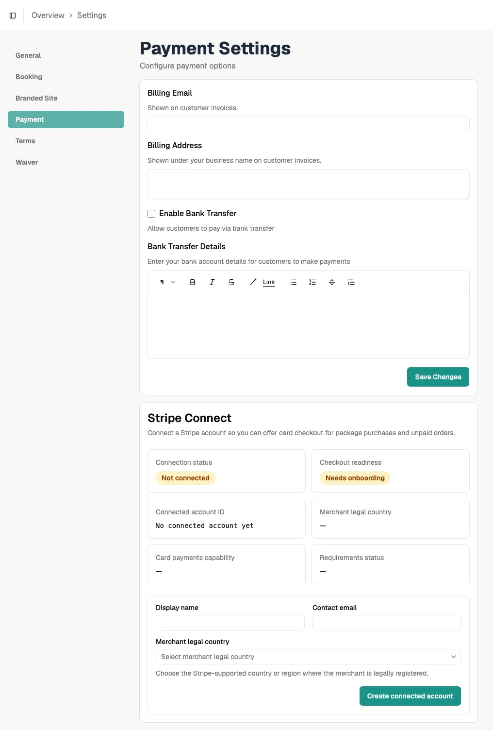Settings > Payment page