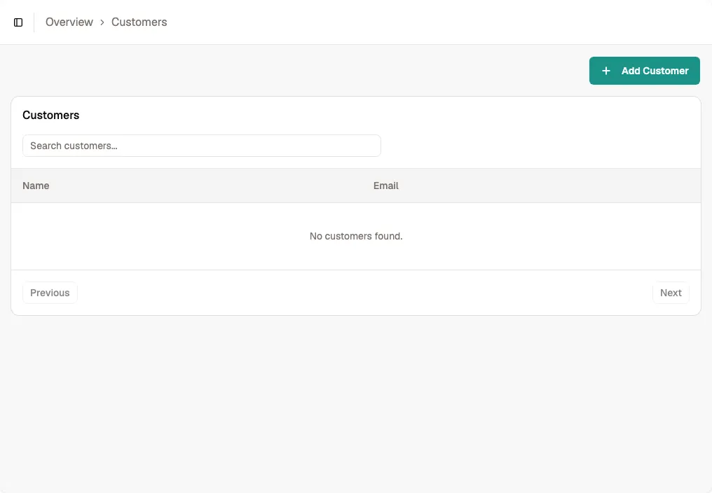Customers list page