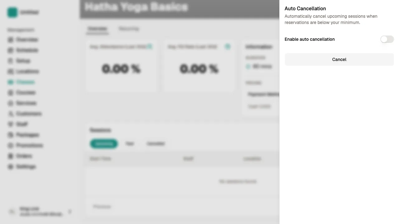 Auto Cancellation sheet on a class detail page
