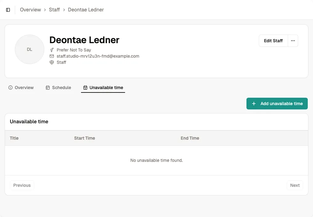 Staff unavailable time tab with the Add unavailable time action