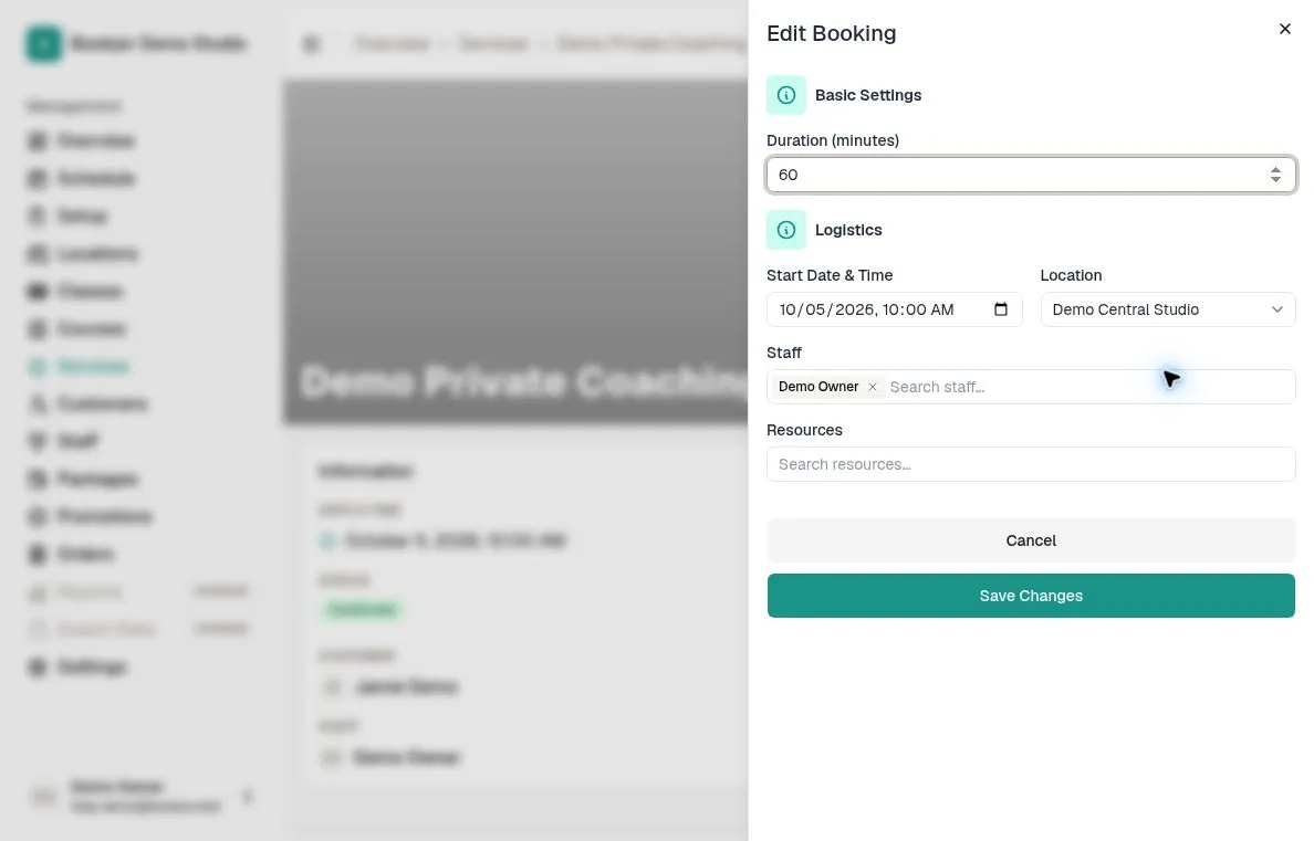 Edit Booking form for time, duration, location, staff and resources