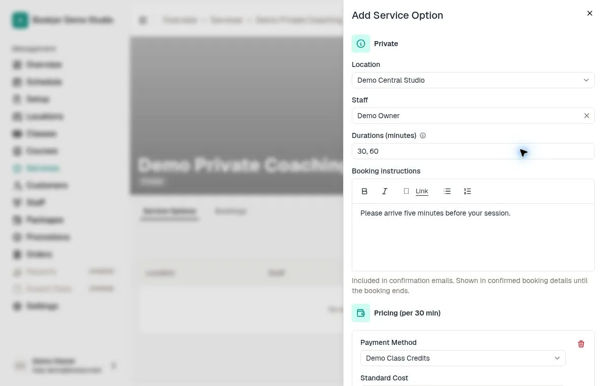 Add Service Option with location, staff, durations and instructions