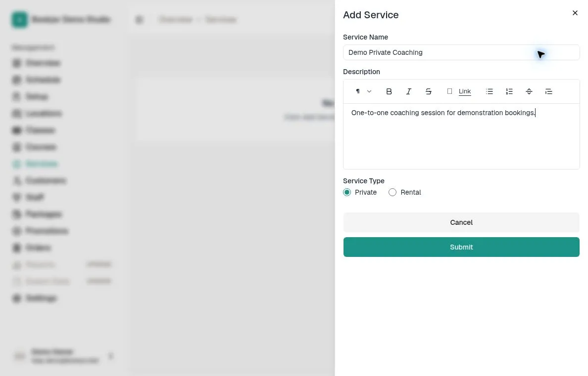 Add Service form with Private selected