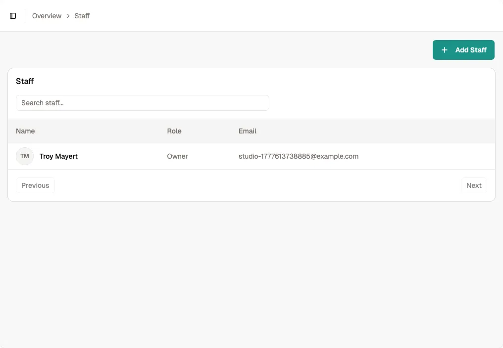 Add Staff button in the top-right corner of the staff page