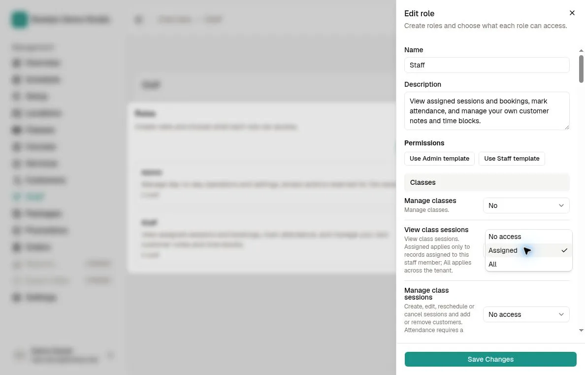 Role editor showing No access, Assigned and All scopes